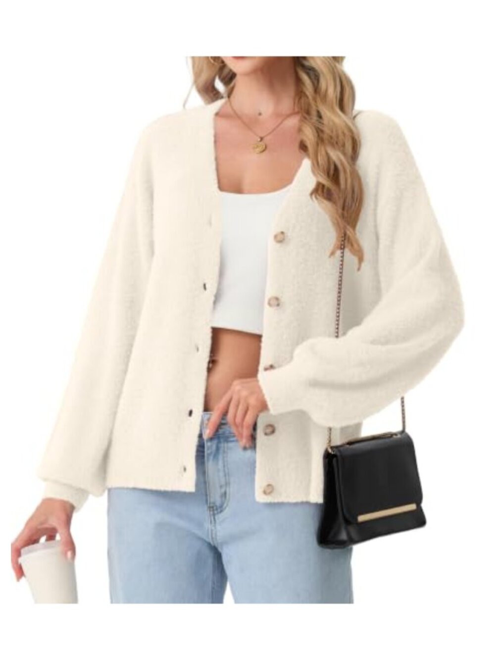 Fuzzy Knit Cardigan V-Neck Button Front Relaxed Fit Casual Sweater
